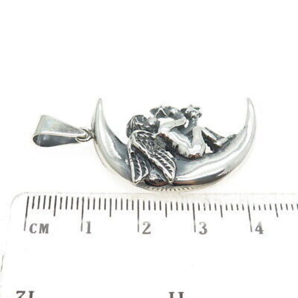 925 Sterling Silver Vintage Crescent & Angel Oxidized Pendant - Picture 3 of 7